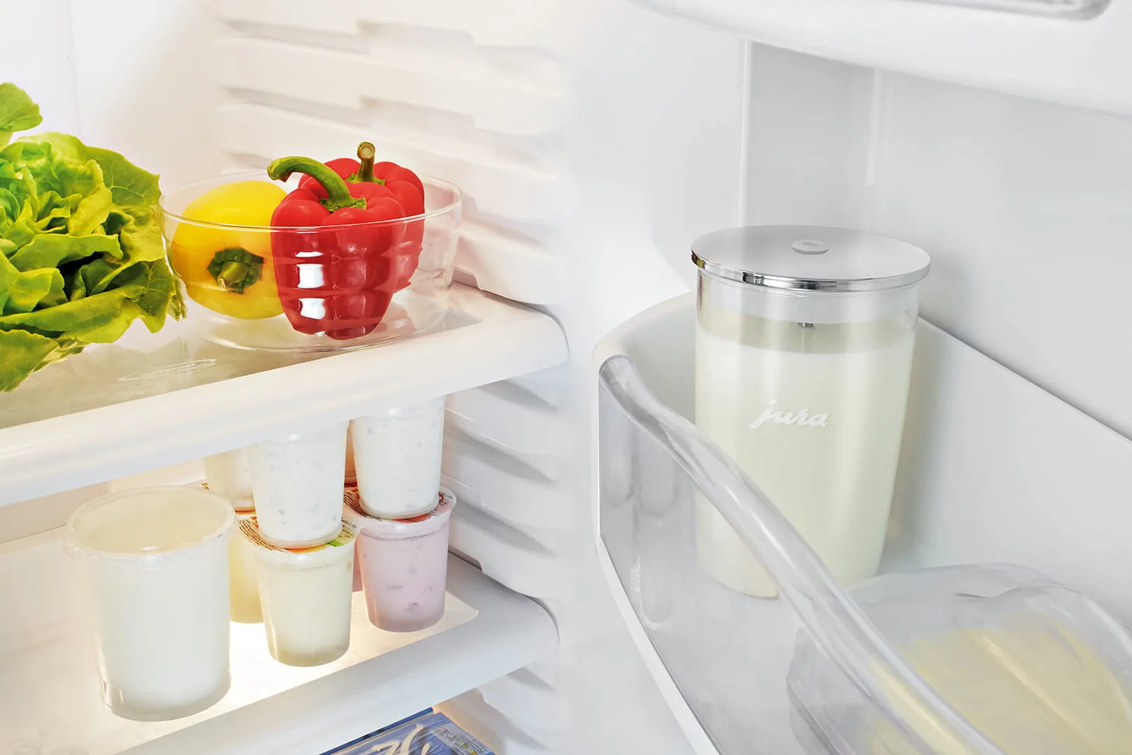 JURA Glass Milk Container in fridge with milk