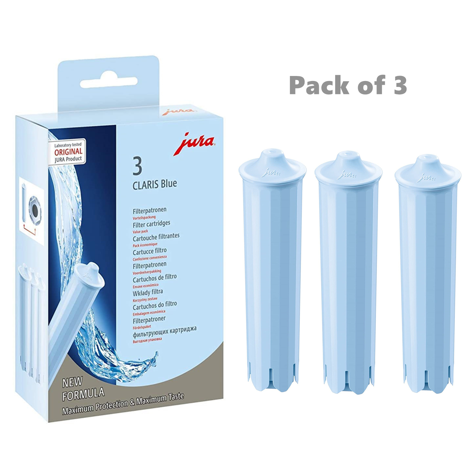 Pack of 3 1000ml volume Jura 71312 Claris Water Filter Blue & 62536 Range Cappuccino Cleaner 