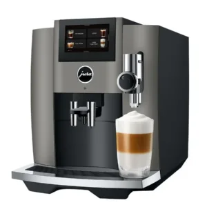 JURA S8 - Dark Inox front angled view with drink