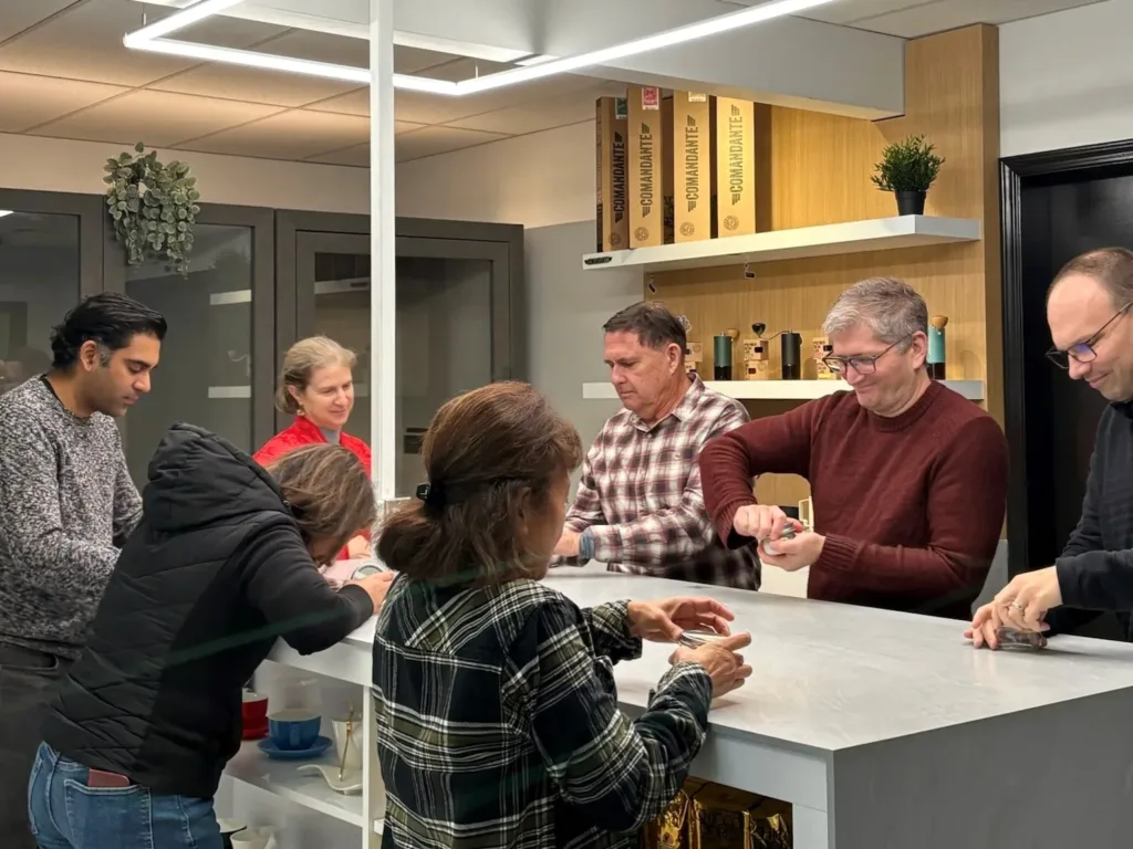 home barista workshop group around the table during sensory experience